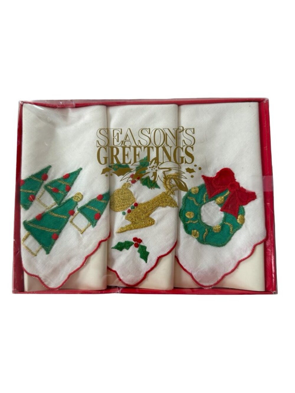 Vintage Walmart Season's Greetings Christmas Embroidered Handkerchiefs Set of 3